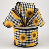 2 1/2" Sunflowers on Gingham Wired Ribbon: Black & White - 1 Yard