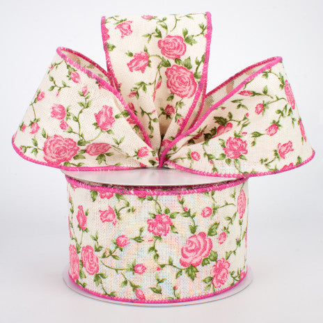 2 1/2" Pink Chintz Wired Ribbon: Ivory - 1 Yard