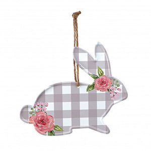 7" Grey Plaid Bunny Sign With Floral Blooms