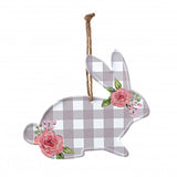 7" Grey Plaid Bunny Sign With Floral Blooms