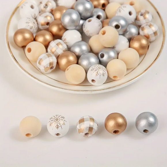Silver and Gold Christmas Wooden Beads - Set of 50