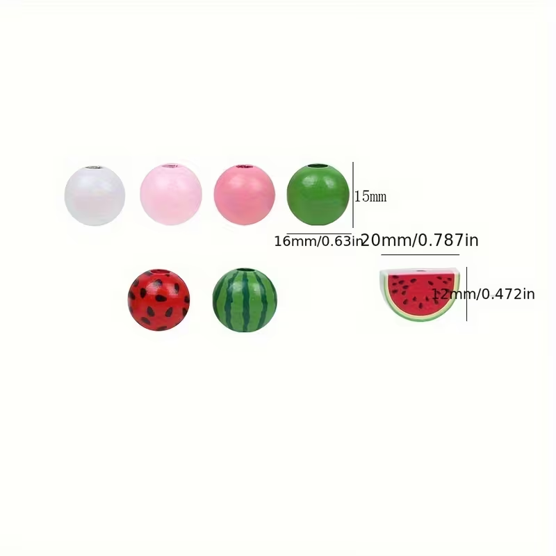 Watermelon Themed Summer Wooden Beads - Set of 105