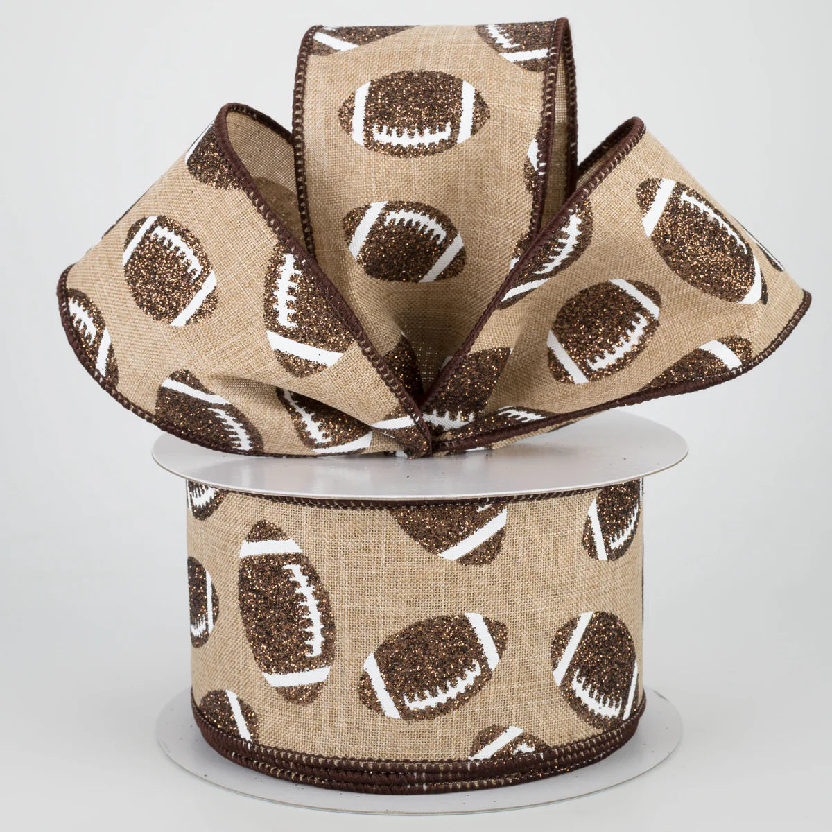 2 1/2" Glitter Football Wired Ribbon: Light Beige - 1 Yard