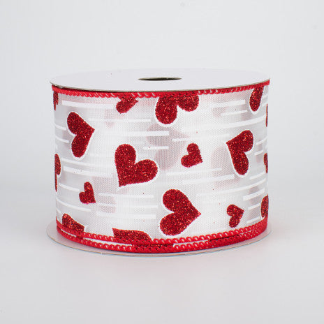 2 1/2" Glitter Hearts Wired Ribbon: Red With White Lines - 1 Yard