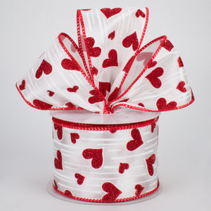 2 1/2" Glitter Hearts Wired Ribbon: Red With White Lines - 1 Yard