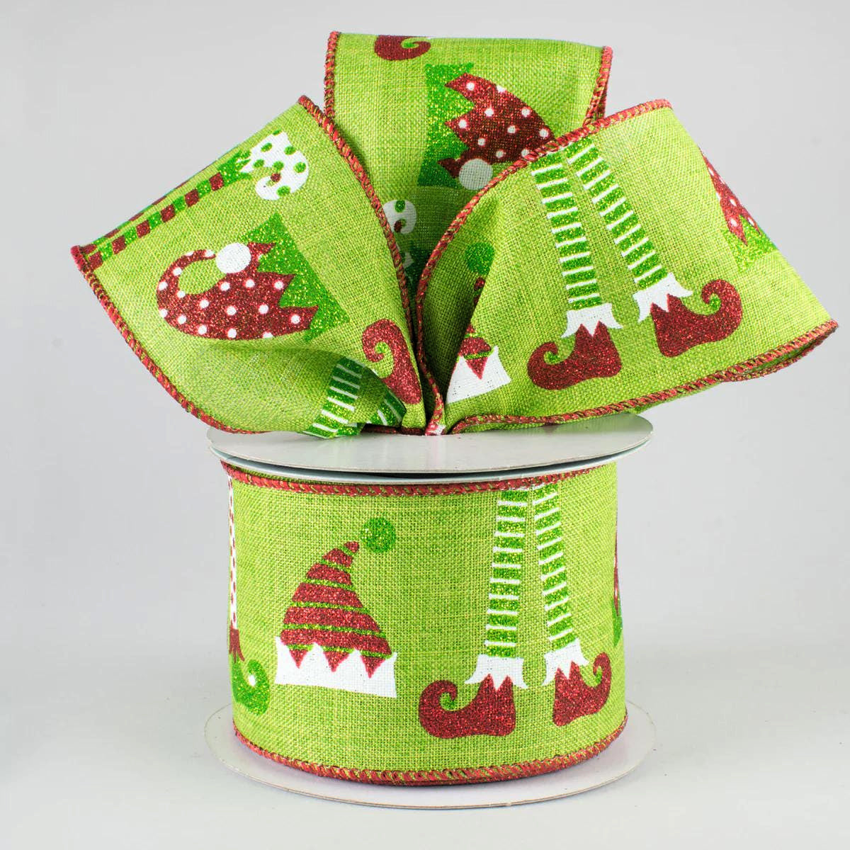 2 1/2" Elf Hats & Legs Wired Ribbon: Fresh Green - 1 Yard
