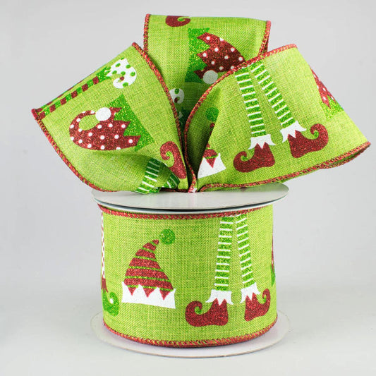 2 1/2" Elf Hats & Legs Wired Ribbon: Fresh Green - 1 Yard