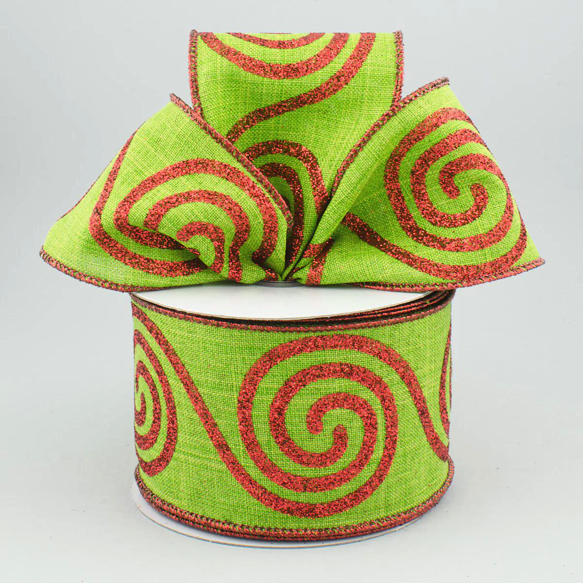 2 1/2" Glitter Large Swirl Wired Ribbon: Fresh Green & Red - 1 Yard