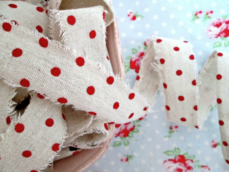 Red Velvet Polka Dots on Natural Ribbon with Frayed Edges - 1 1/2 inch - 1 Yard