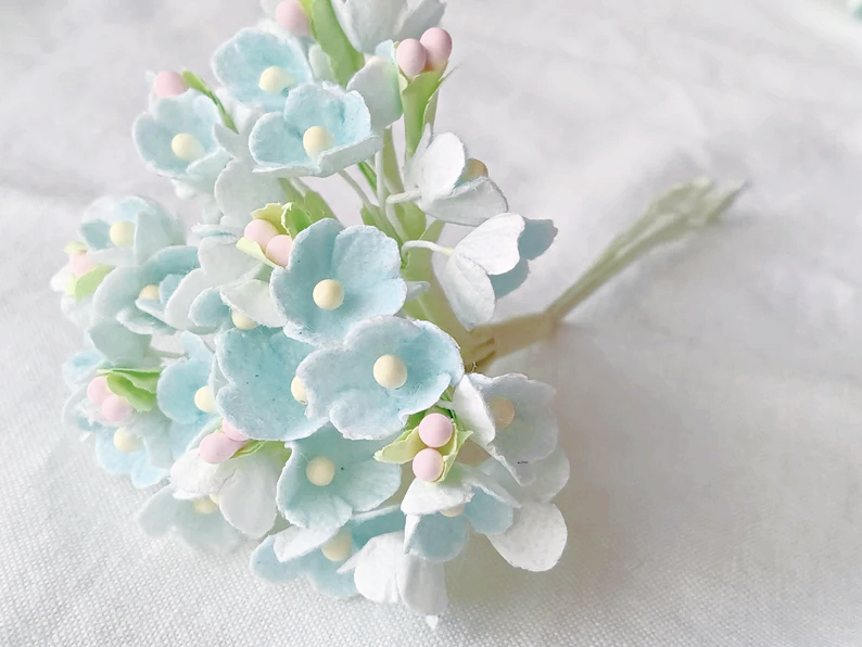 Forget Me Not Vintage Style Millinery Paper Flower Bouquet - Pale Blue - 1 Bouquet