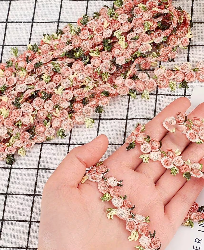 Blush Pink and Moss Green Floral Embroidered Lace Trim - .79 inch - 1 Yard
