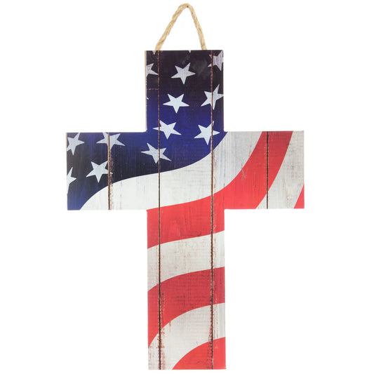 14" Wooden Sign: American Flag Cross - Sugar Pink Boutique