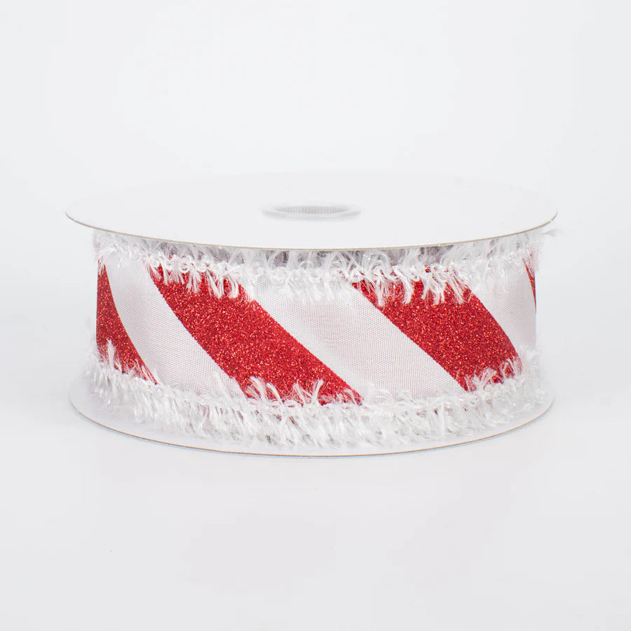 1 1/2" Fuzzy Edge Glittered Candy Cane Wired Ribbon - 1 Yard - Sugar Pink Boutique