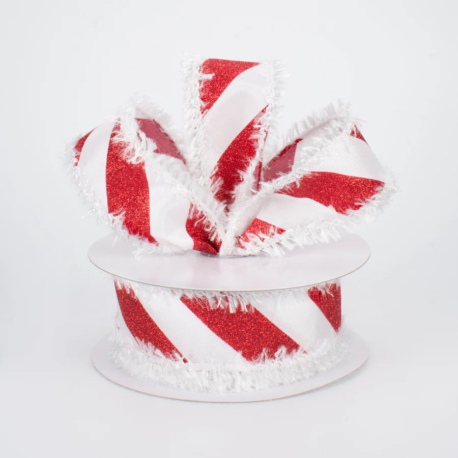 1 1/2" Fuzzy Edge Glittered Candy Cane Wired Ribbon - 1 Yard - Sugar Pink Boutique