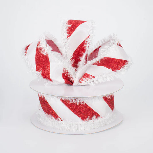 1 1/2" Fuzzy Edge Glittered Candy Cane Wired Ribbon - 1 Yard - Sugar Pink Boutique