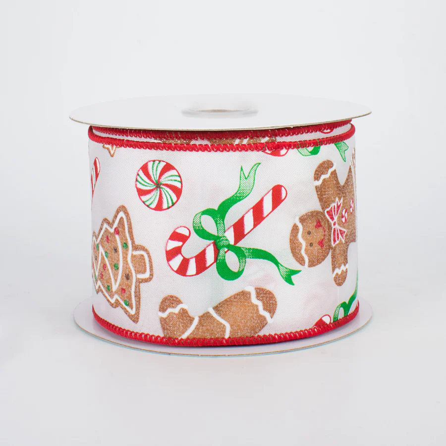 2 1/2" Gingerbread With Candy Wired Ribbon: White - 1 Yard