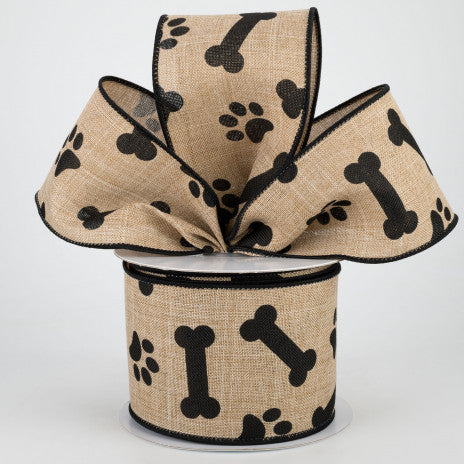 2 1/2" Paw Print & Bones Wired Ribbon: Light Beige & Black - 1 Yard