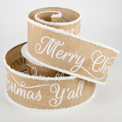 2 1/2" Chenille Edge Merry Christmas Y'all Ribbon: Beige - 1 Yard