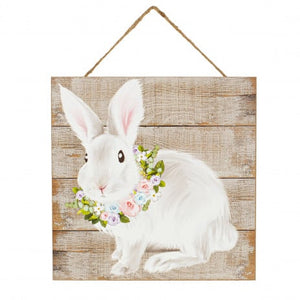 10" Square Wooden Sign: Floral Bunny
