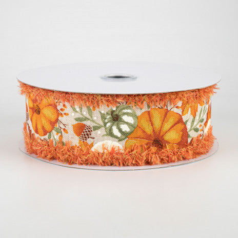 1 1/2" Pumpkins & Fall Foliage Fuzzy Edge Wired Ribbon: Orange & Sage Green - 1 Yard