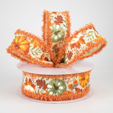 1 1/2" Pumpkins & Fall Foliage Fuzzy Edge Wired Ribbon: Orange & Sage Green - 1 Yard