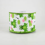 2 1/2" Frogs, Lily Pads, Dragon Flies Wired Ribbon: White - 1 Yard