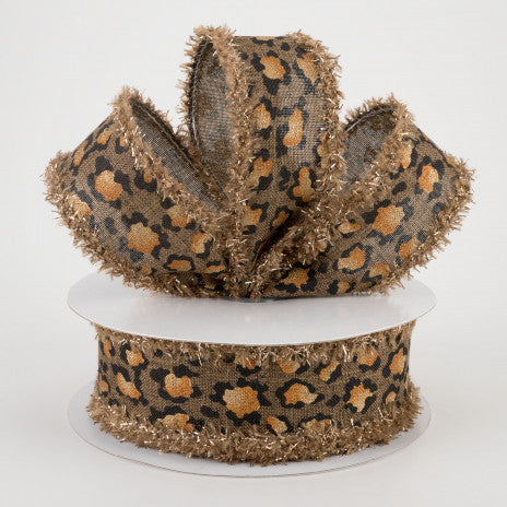 1 1/2" Metallic Animal Print Fuzzy Edge Wired Ribbon: Brown - 1 Yard