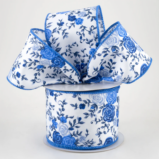 2 1/2" Mini Roses Wired Ribbon: Blue & White - 1 Yard - Sugar Pink Boutique
