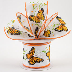 2 1/2" Monarch Butterfly With Daisies Wired Ribbon: White - 1 Yard