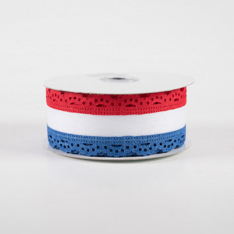 1 1/2" Scalloped Edge Wired Ribbon: Red, White, Blue - 1 Yard