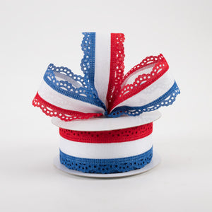 1 1/2" Scalloped Edge Wired Ribbon: Red, White, Blue - 1 Yard