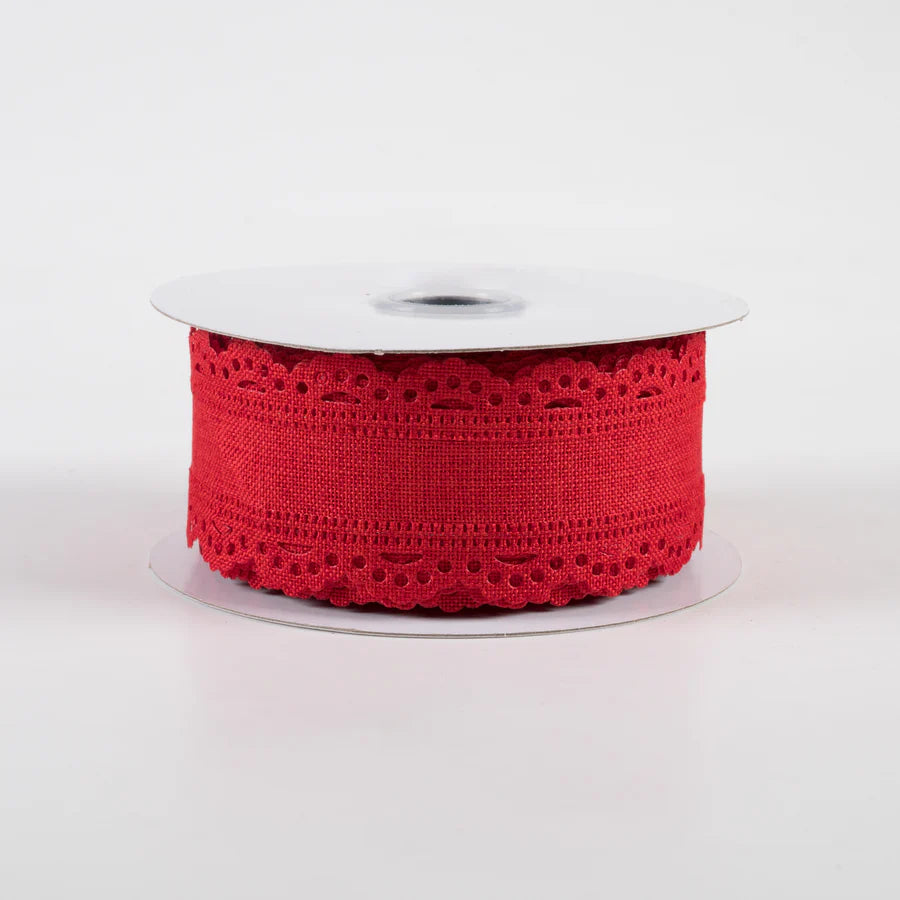 1 1/2" Scalloped Edge Wired Ribbon: Red - 1 Yard