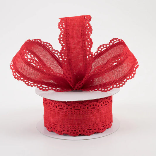 1 1/2" Scalloped Edge Wired Ribbon: Red - 1 Yard