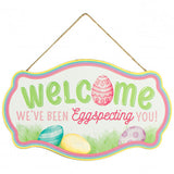 12" Scalloped Wood Sign: Welcome EGGspecting You