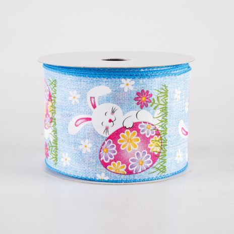 2 1/2" Linen Happy Bunny Egg Wired Ribbon: Blue - 1 Yard