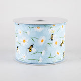 2 1/2" Linen Daisies & Bumblebees Wired Ribbon: Light Blue - 1 Yard