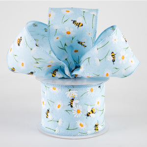 2 1/2" Linen Daisies & Bumblebees Wired Ribbon: Light Blue - 1 Yard