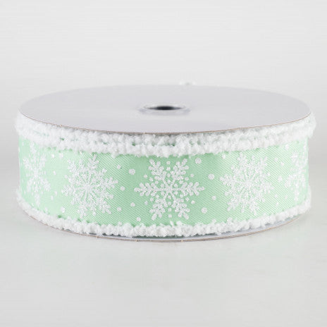 1 1/2" Snowflakes on Drift Fuzzy Edge Wired Ribbon: Mint Green - 1 Yard