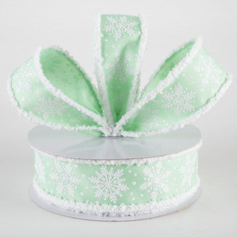 1 1/2" Snowflakes on Drift Fuzzy Edge Wired Ribbon: Mint Green - 1 Yard