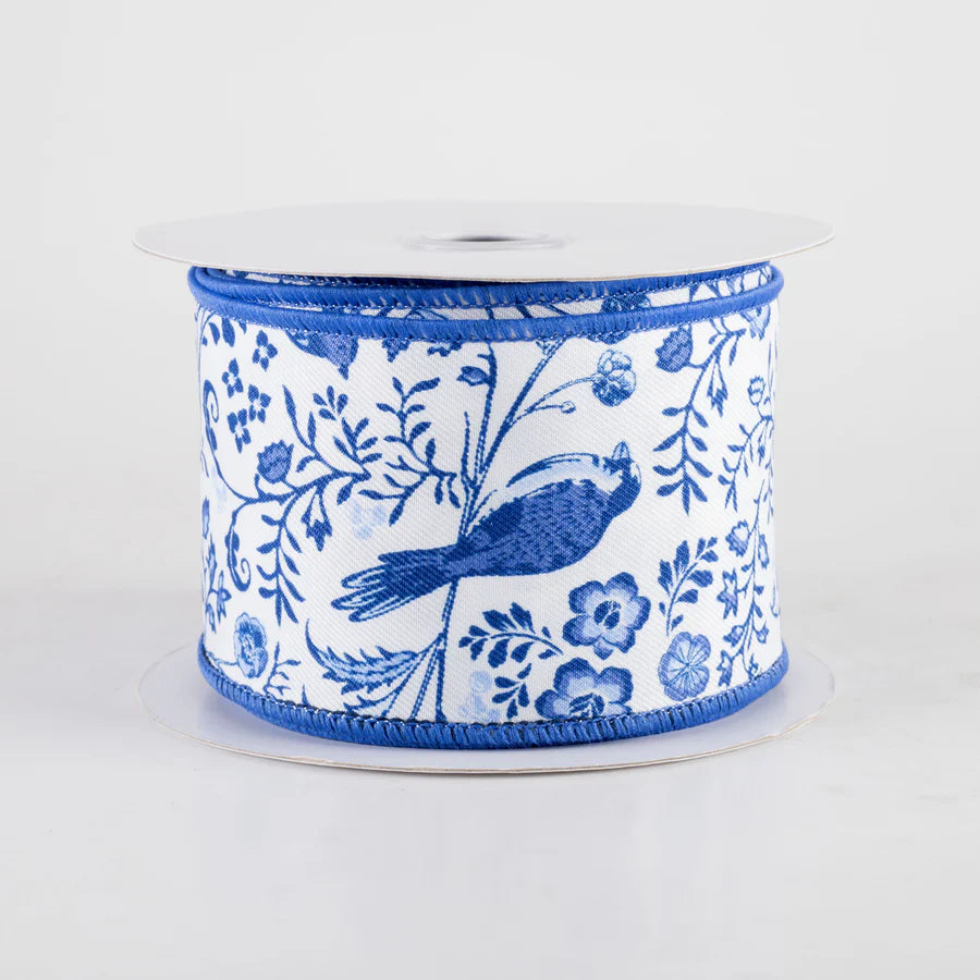 2 1/2" Chinoiserie Floral Wired Ribbon: Blue & White - 1 Yard