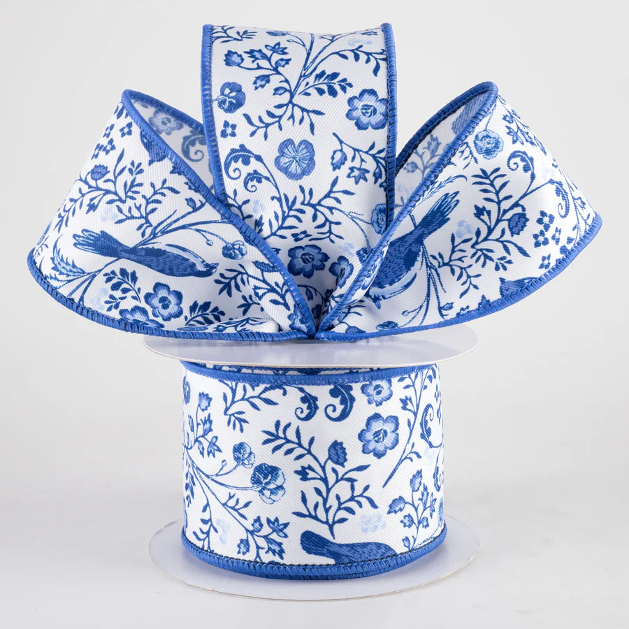 2 1/2" Chinoiserie Floral Wired Ribbon: Blue & White - 1 Yard