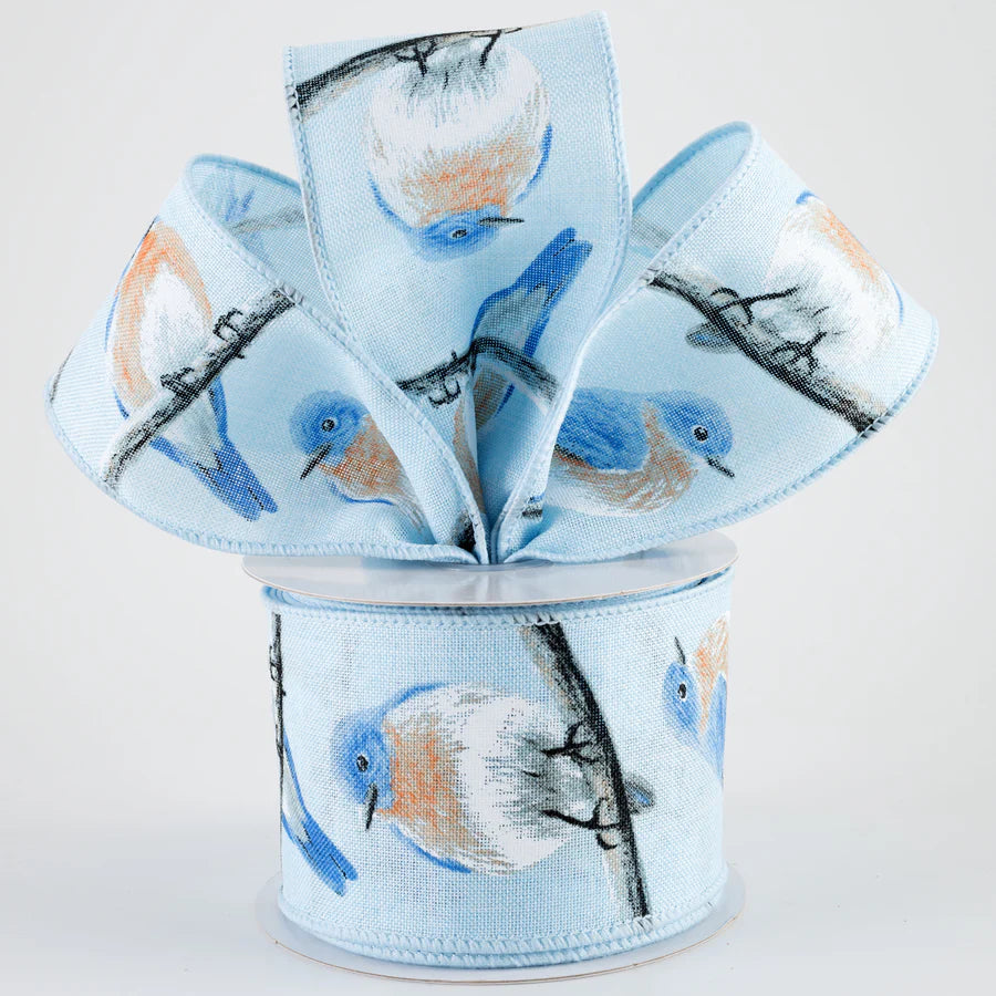 2 1/2" Blue & Orange Chubby Birds Wired Ribbon: Blue - 1 Yard