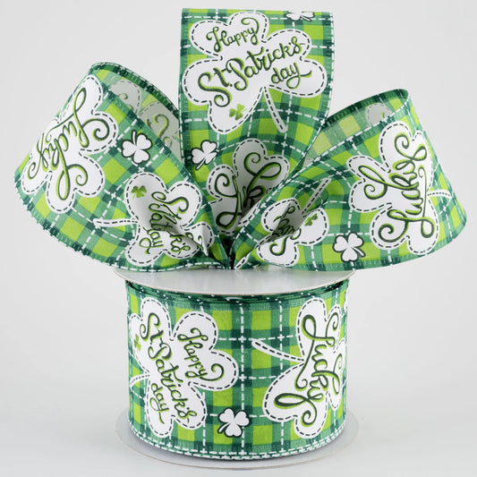 2 1/2" Lucky Shamrocks St. Patrick's Day Plaid Wired Ribbon: Green - 1 Yard