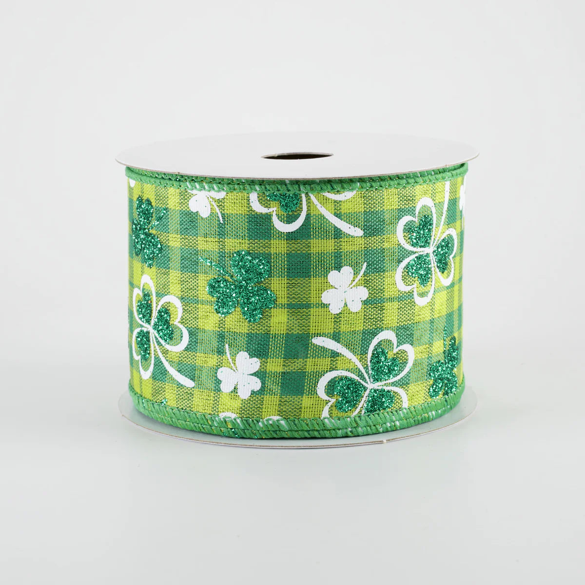 2 1/2" Glitter Shamrocks on Green Plaid Wired Ribbon - 1 Yard