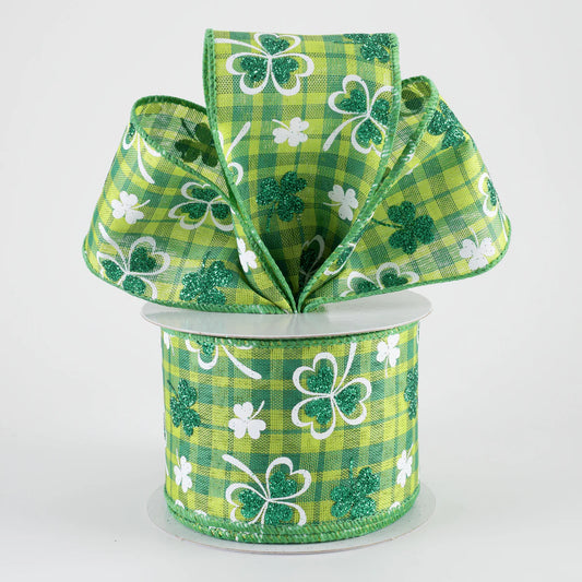 2 1/2" Glitter Shamrocks on Green Plaid Wired Ribbon - 1 Yard
