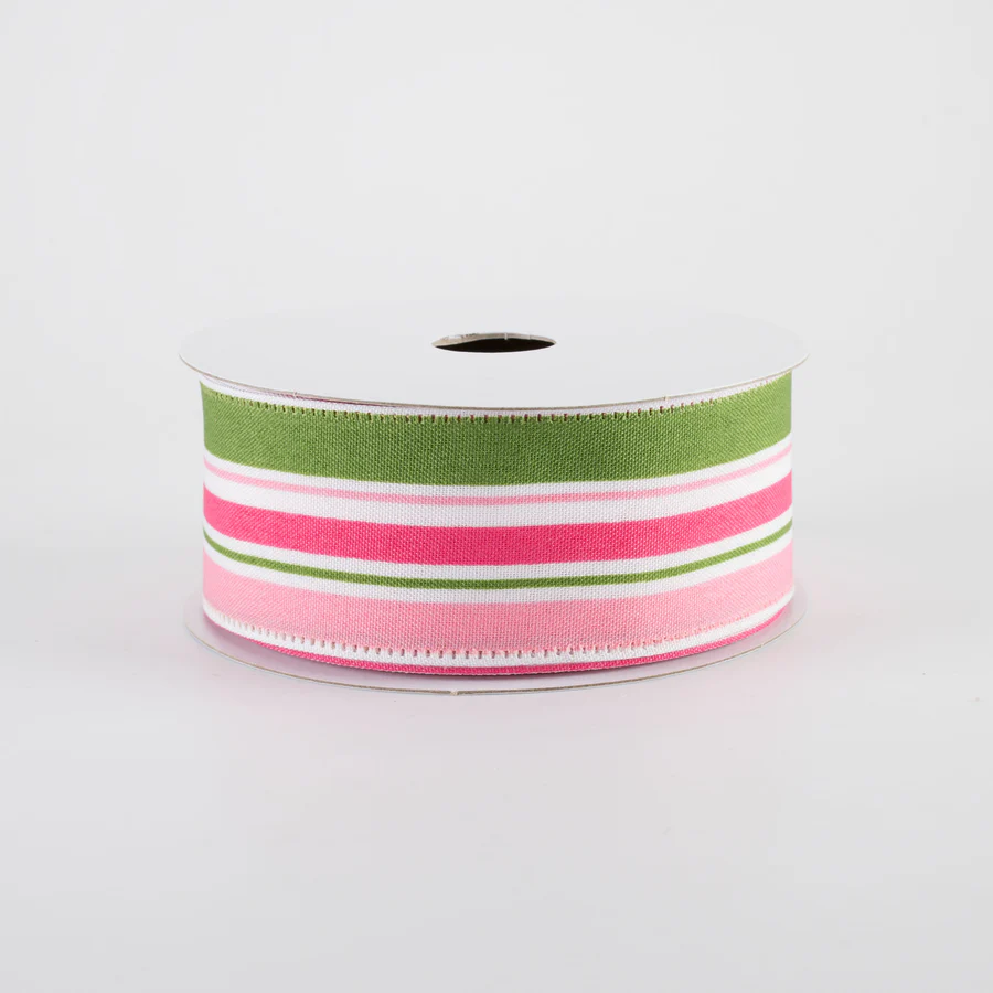 1 1/2" Varied Striation Stripes Wired Ribbon: Moss Green & Pink - 1 Yard