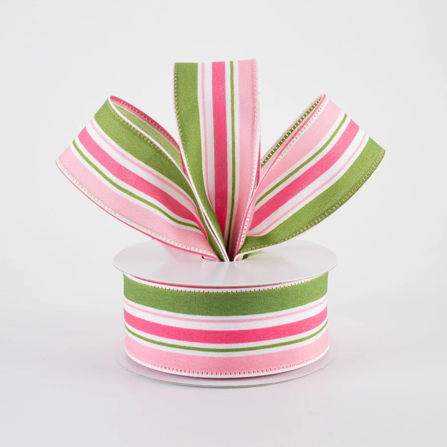 1 1/2" Varied Striation Stripes Wired Ribbon: Moss Green & Pink - 1 Yard