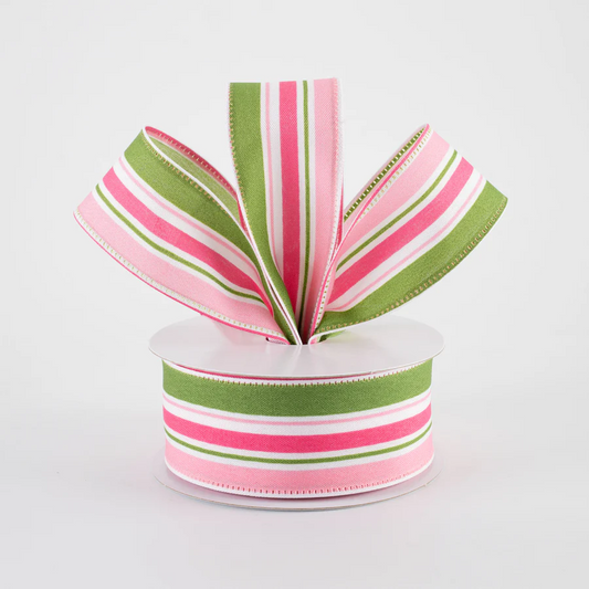 1 1/2" Varied Striation Stripes Wired Ribbon: Moss Green & Pink - 1 Yard