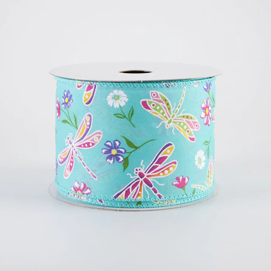 2 1/2" Dragonflies & Flowers Wired Ribbon: Teal - 1 Yard