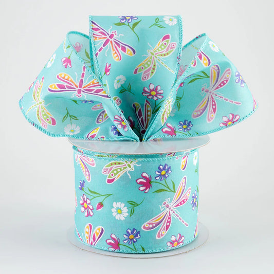 2 1/2" Dragonflies & Flowers Wired Ribbon: Teal - 1 Yard